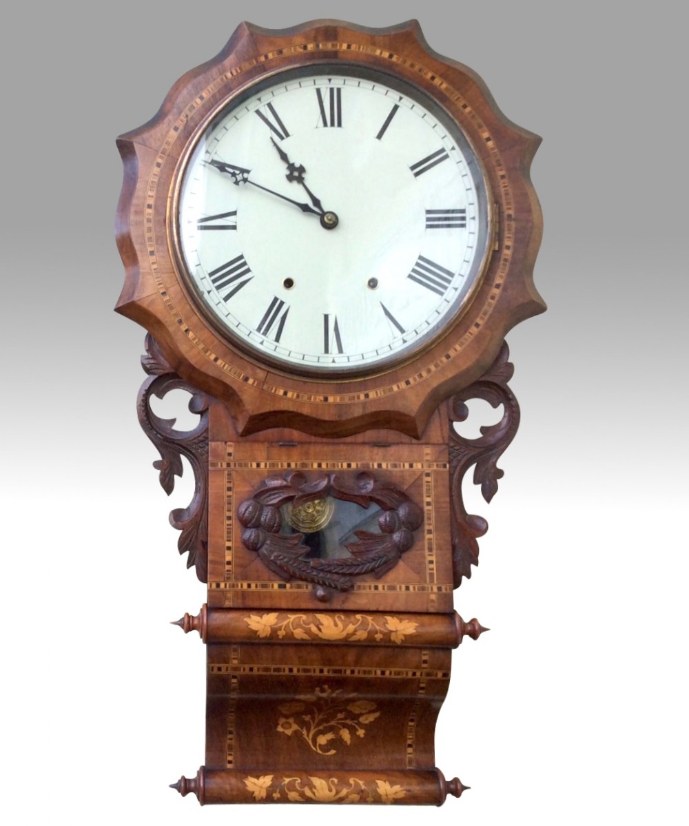 Fine Antique Inlaid Walnut Drop Dial Wall Clock