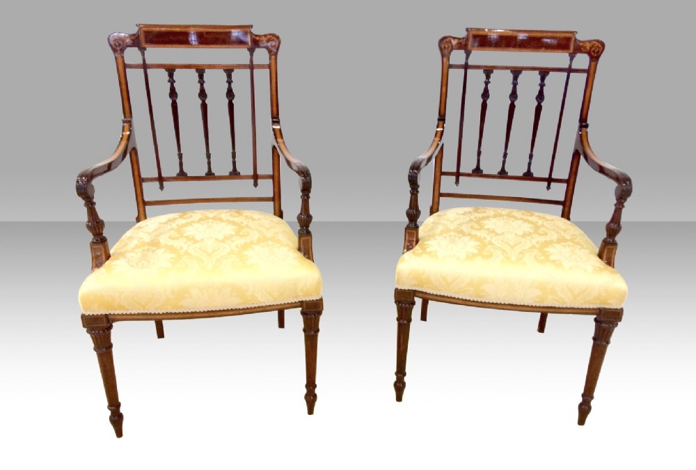  Pair of Antique Inlaid Mahogany Armchairs
