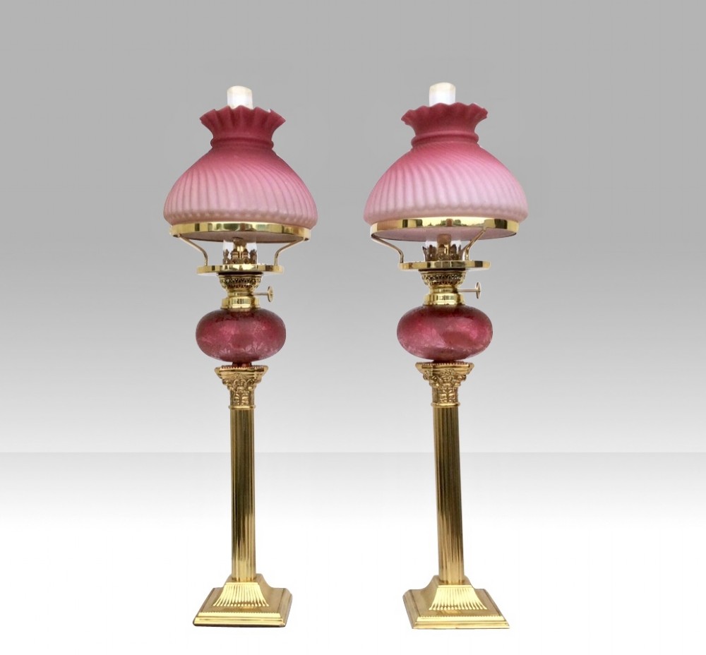  Pair Of Original Antique Ruby Glass Oil Peg Lamps 