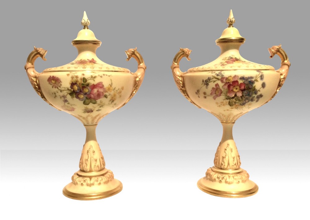 Beautiful pair of Antique Royal Worcester Hand Painted Blush Ivory Vases