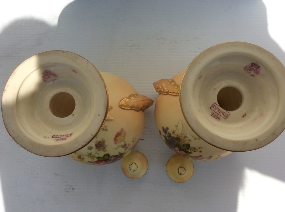 Beautiful pair of Antique Royal Worcester Hand Painted Blush Ivory Vases View VI