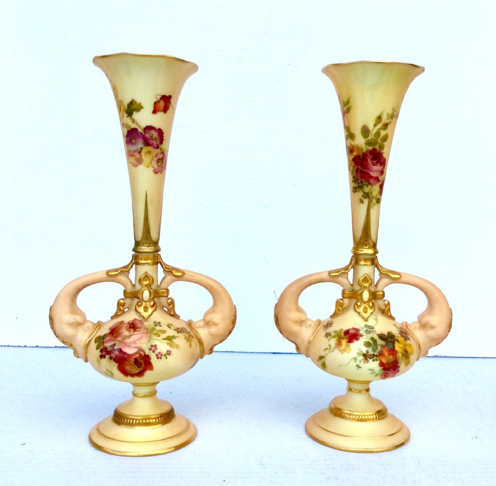 Pair of Antique Hand Painted Blush Ivory Royal Worcester Vases