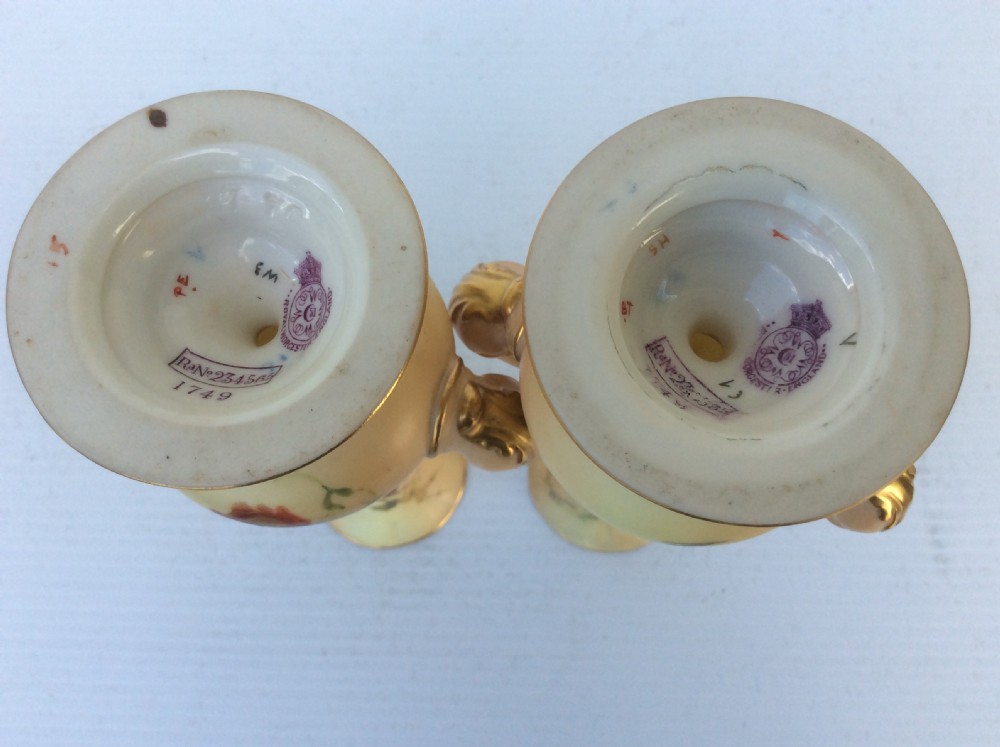 Pair of Antique Hand Painted Blush Ivory Royal Worcester Vases View III