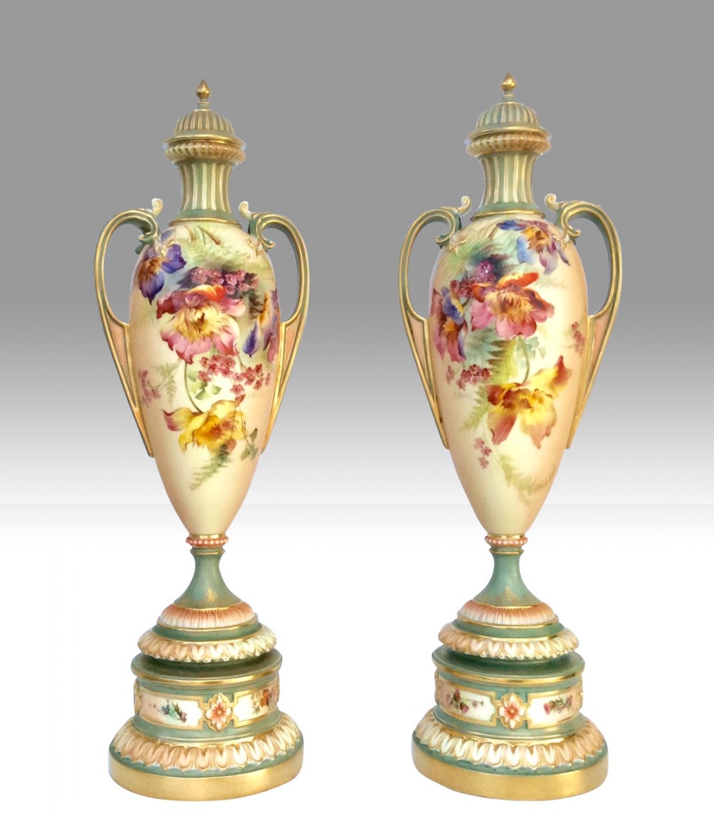 Pair Of Large Antique Hand Painted Blush Ivory Royal Worcester Urn Vases
