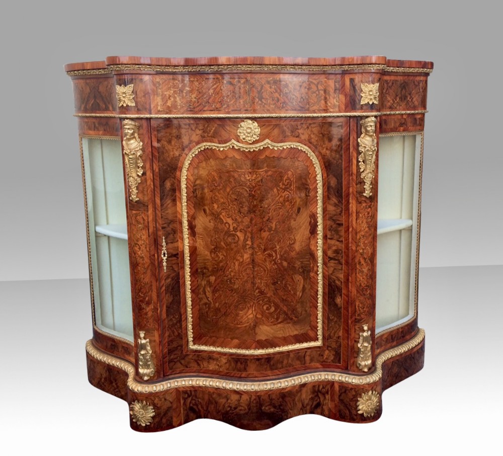 Antique Narrow Burr Walnut  Inlaid Marquetry Credenza
