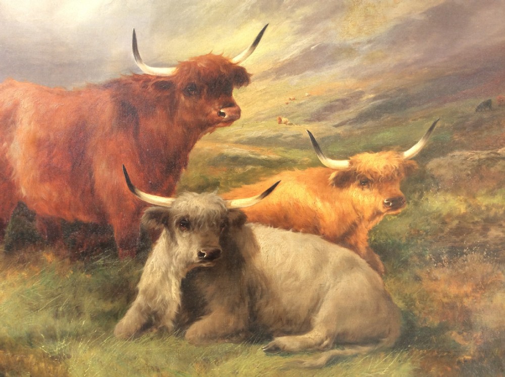 An oil painting depicting three Highland cattle in a mountainous landscape set within an ornate gilded frame. View VI