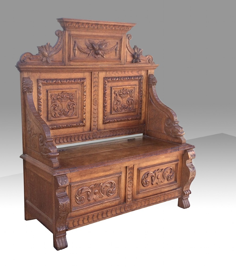 Antique Carved Oak Monks Hall Bench Settle Seat