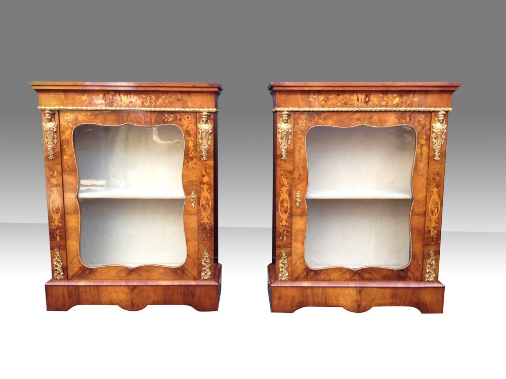 Fabulous Pair Of Antique Figured Walnut Marquetry Pier Side Display Cabinets