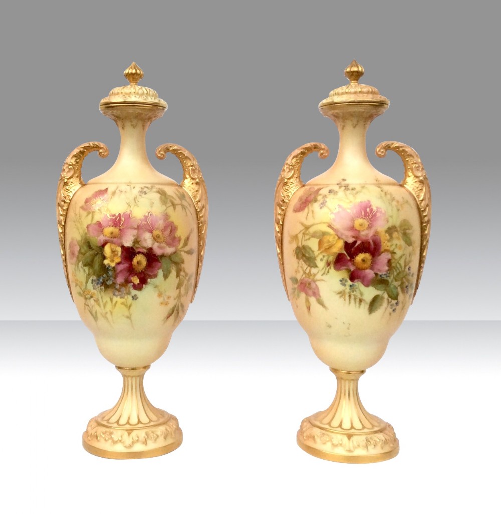Beautiful Pair Of Hand Painted Blush Ivory Antique Royal Worcester Vases Complete With Original Covers