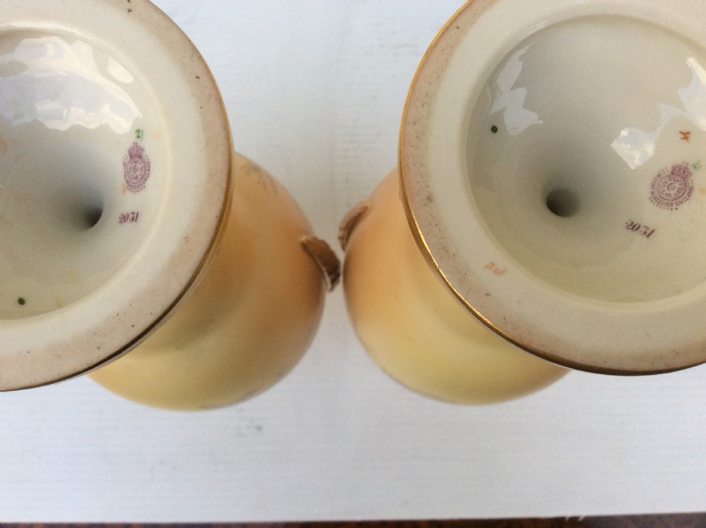 Beautiful Pair Of Hand Painted Blush Ivory Antique Royal Worcester Vases Complete With Original Covers View VIII