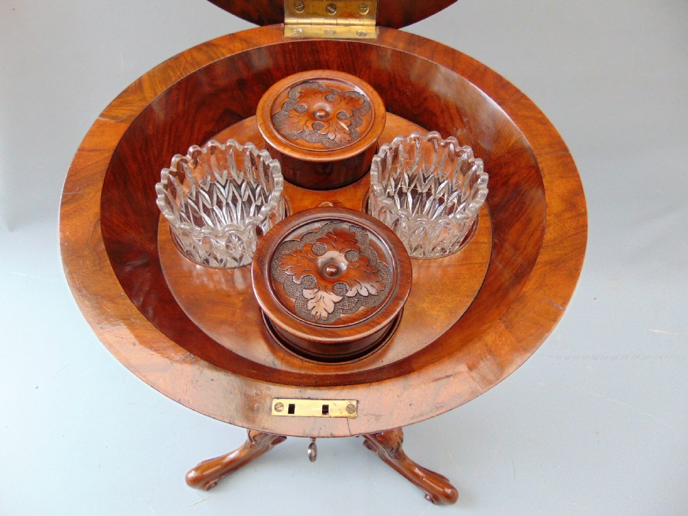 Exceptional Antique Burr Walnut Tea Poy,Lamp Table. View IV