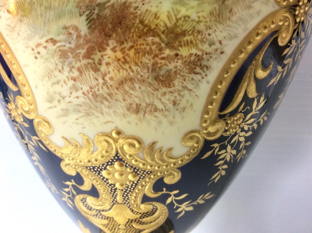 Beautiful Antique Hand Painted On Cobalt Blue Coalport Vase With Original Cover View IV