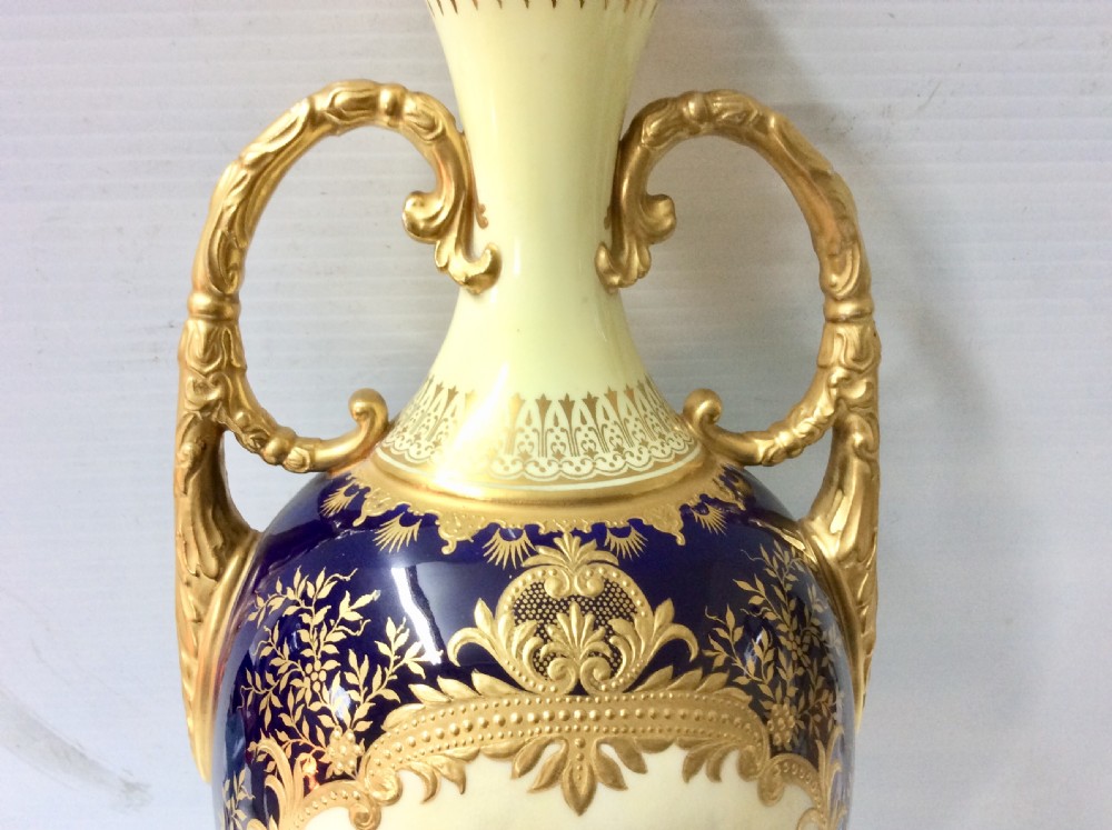Beautiful Antique Hand Painted On Cobalt Blue Coalport Vase With Original Cover View VIII