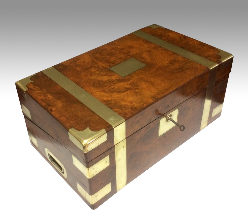 Quality brass bound burr walnut antique  writing box slope complete with secret drawers