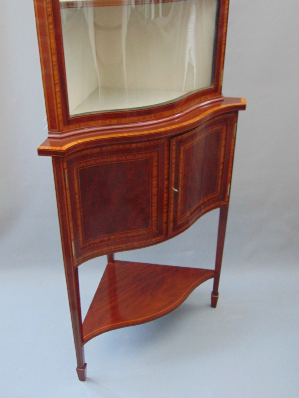 Stunning Quality Inlaid Mahogany Serpentine Shaped Antique Corner Cabinet View III