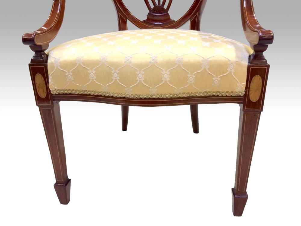 Magnificent Pair of Antique Inlaid Mahogany Sheraton Design Mahogany Arm Chairs  View II