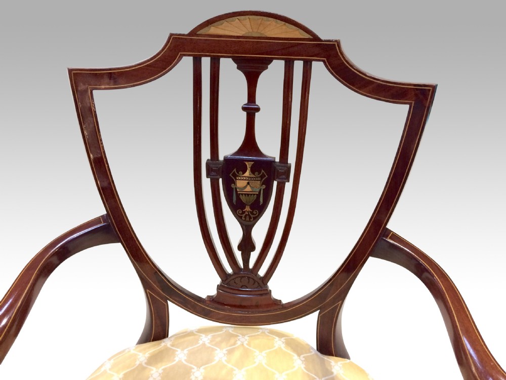 Magnificent Pair of Antique Inlaid Mahogany Sheraton Design Mahogany Arm Chairs  View III