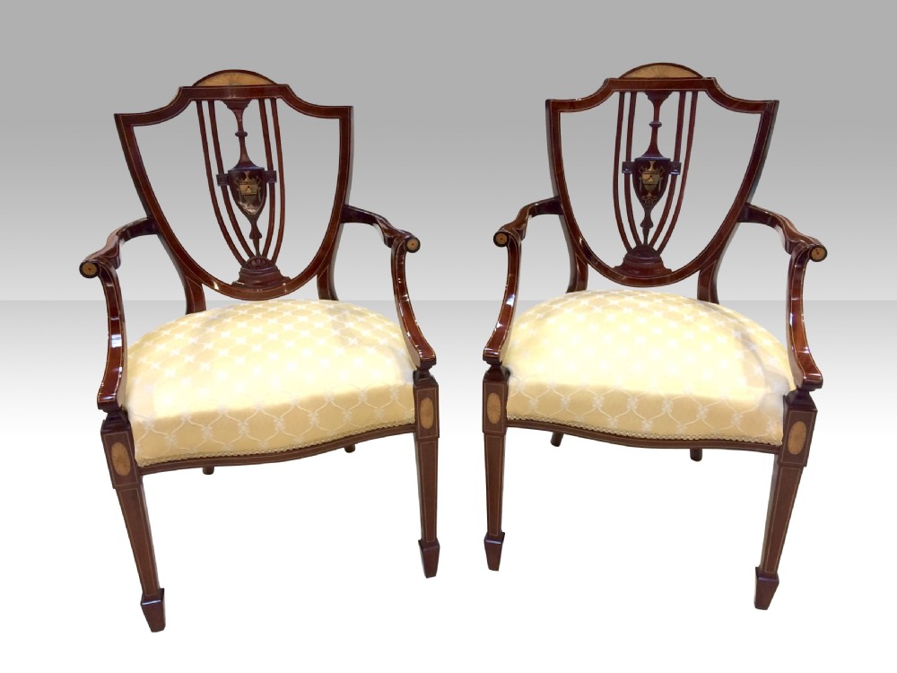 Magnificent Pair of Antique Inlaid Mahogany Sheraton Design Mahogany Arm Chairs  View VII