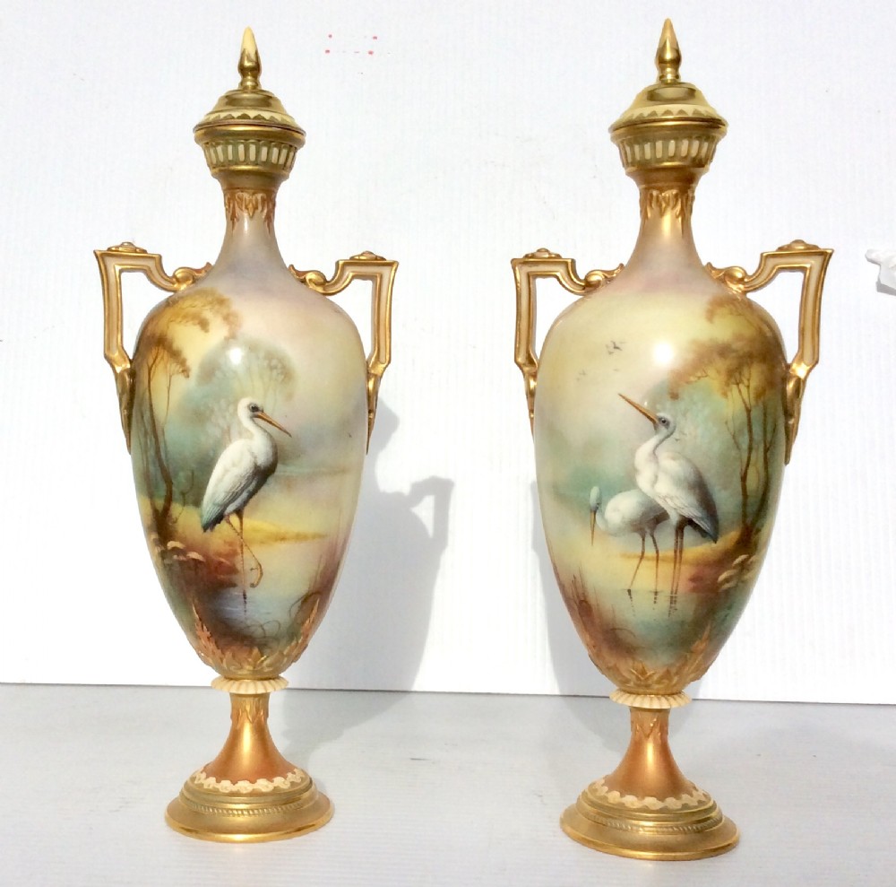 Pair of Antique Royal Worcester Stork Vases By A C Lewis
