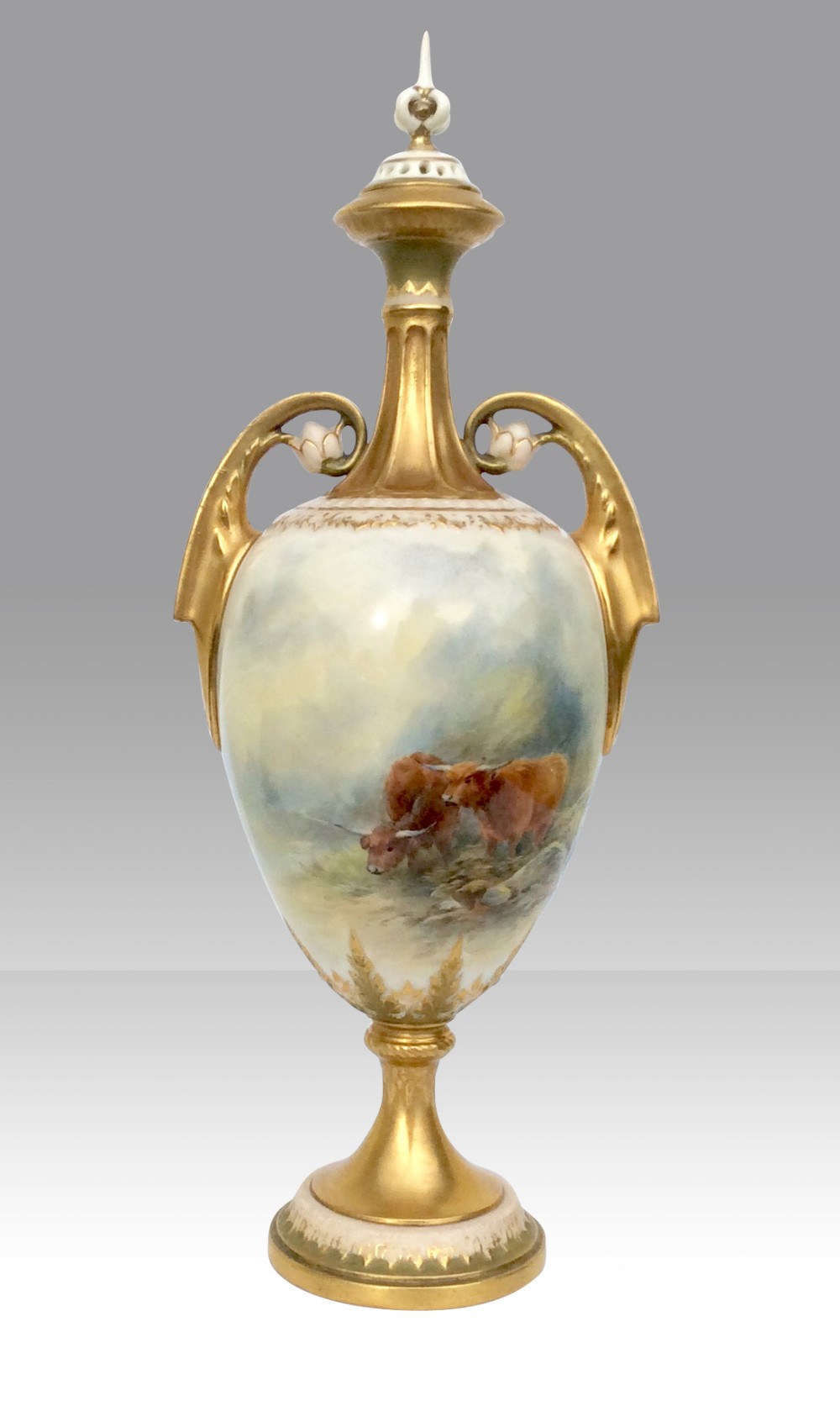 Antique Royal Worcester Stinton Pedestal Vase and Cover.