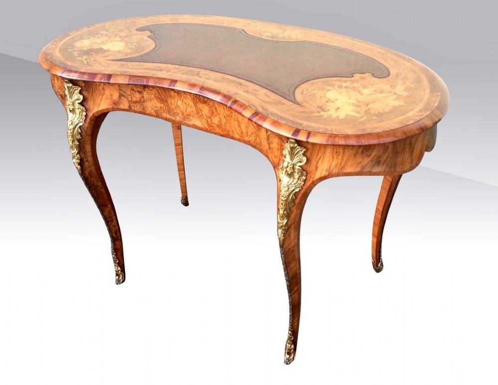 Antique Kidney Shaped Walnut Marquetry Desk.