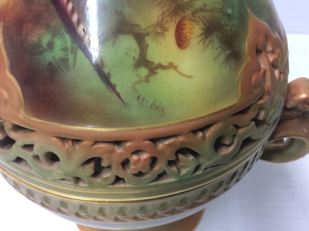Royal Worcester Porcelain Pot Pourri Vase and Cover in Persian style,A Lewis Pheasants. View VI