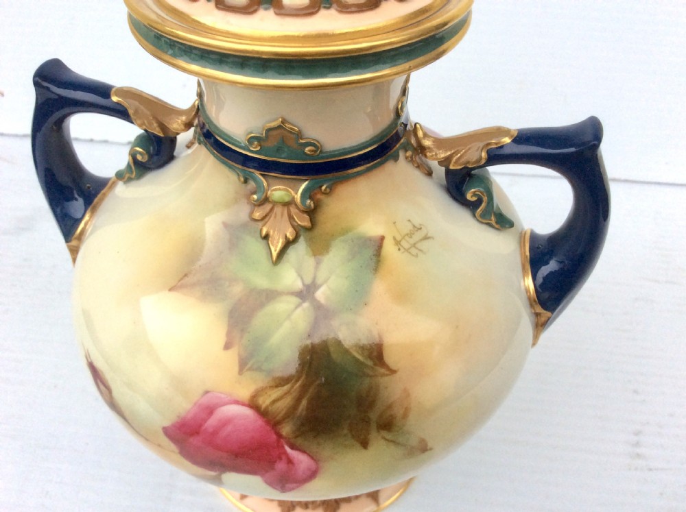 Antique Royal Worcester baluster vase and cover painted with roses View III