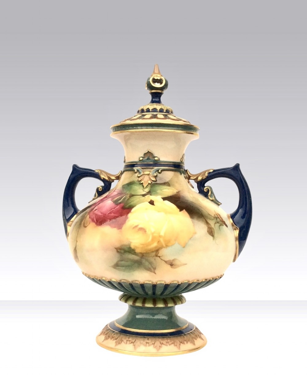 Antique Royal Worcester baluster vase and cover painted with roses