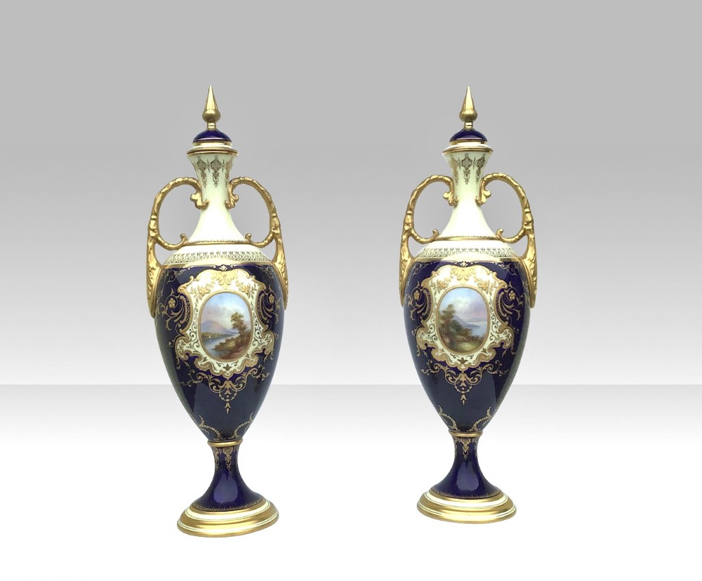 Pair of Tall Antique Coalport Porcelain Vases