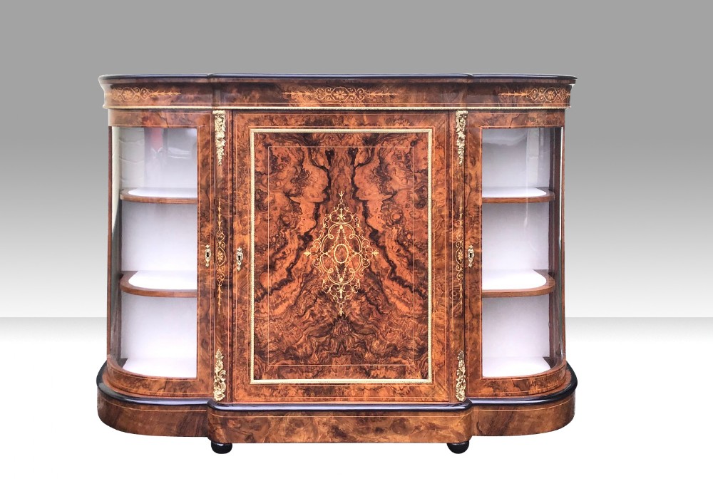 EXHIBITION Quality Figured and Burr Walnut Antique Credenza,Cabinet Sideboard.