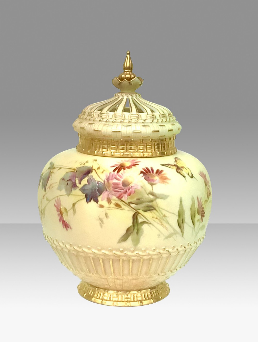 Fabulous large Antique Royal Worcester Blush Ivory Pot Pourri Rose Jar and crown cover.Raby.
