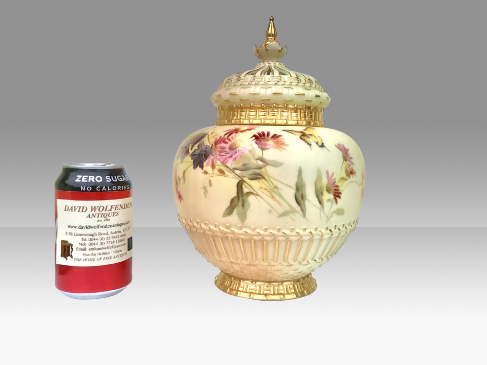 Fabulous large Antique Royal Worcester Blush Ivory Pot Pourri Rose Jar and crown cover.Raby. View II