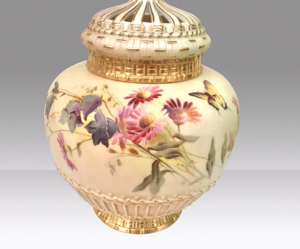Fabulous large Antique Royal Worcester Blush Ivory Pot Pourri Rose Jar and crown cover.Raby. View VII