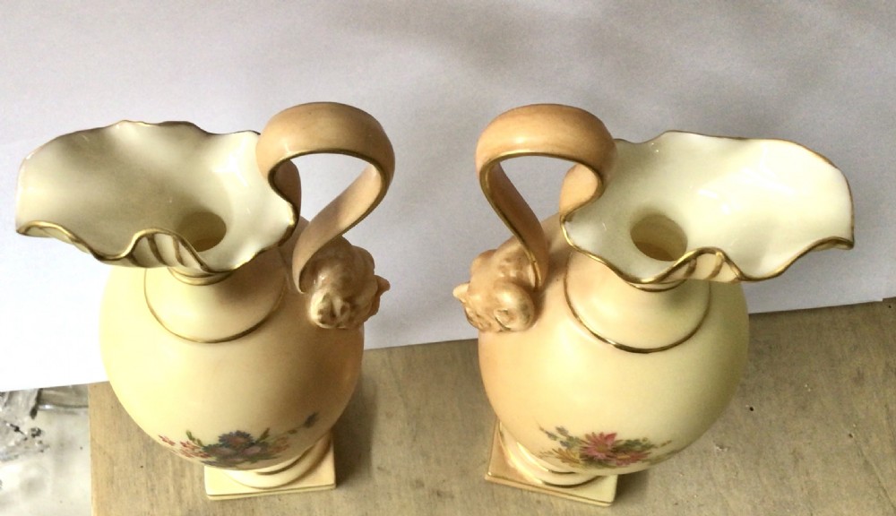 Fabulous pair of  antique Royal Worcester blush Ivory ewers,vases View V