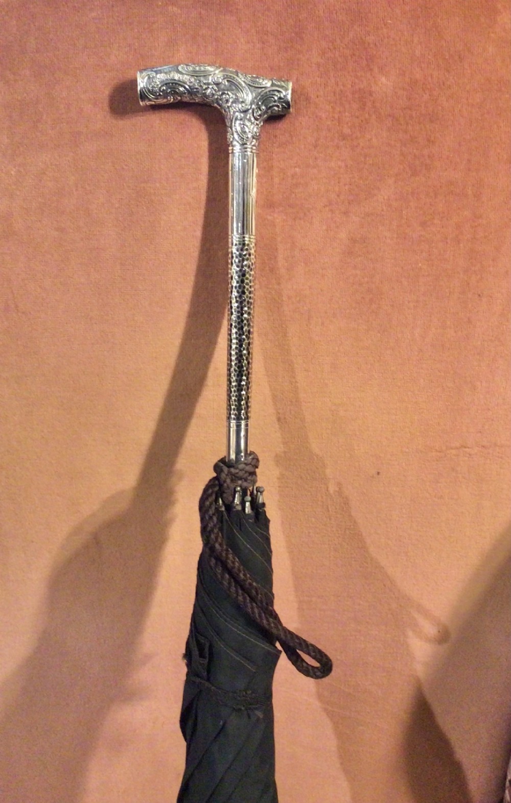 Antique Silver Handled Silk Parasol Umbrella.