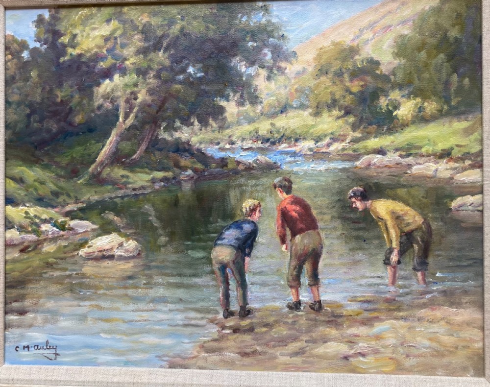 An original oil painting on canvas depicting three figures in a river landscape, framed in a carved gilt and green moulding with a textured slip. View II