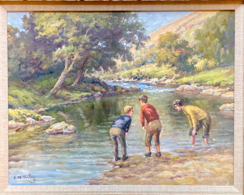 An original oil painting on canvas depicting three figures in a river landscape, framed in a carved gilt and green moulding with a textured slip. View III