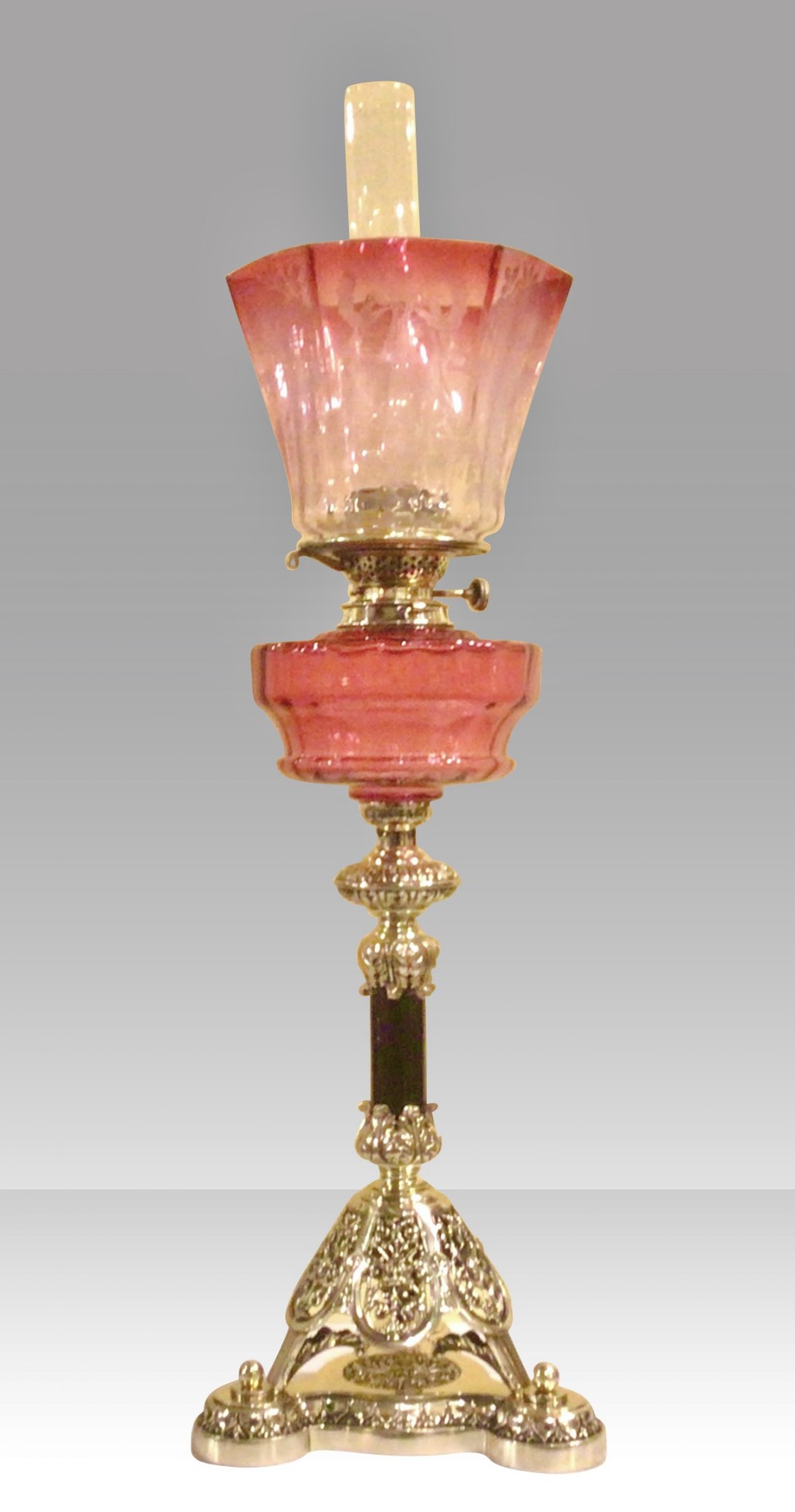 Antique Cranberry Ruby Oil Lamp With Superb Brass Filigree Base