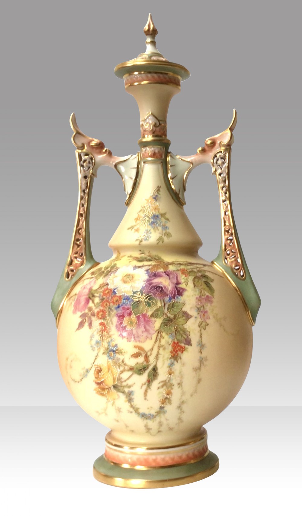 Large Antique Royal Worcester Blush & Turquoise Vase