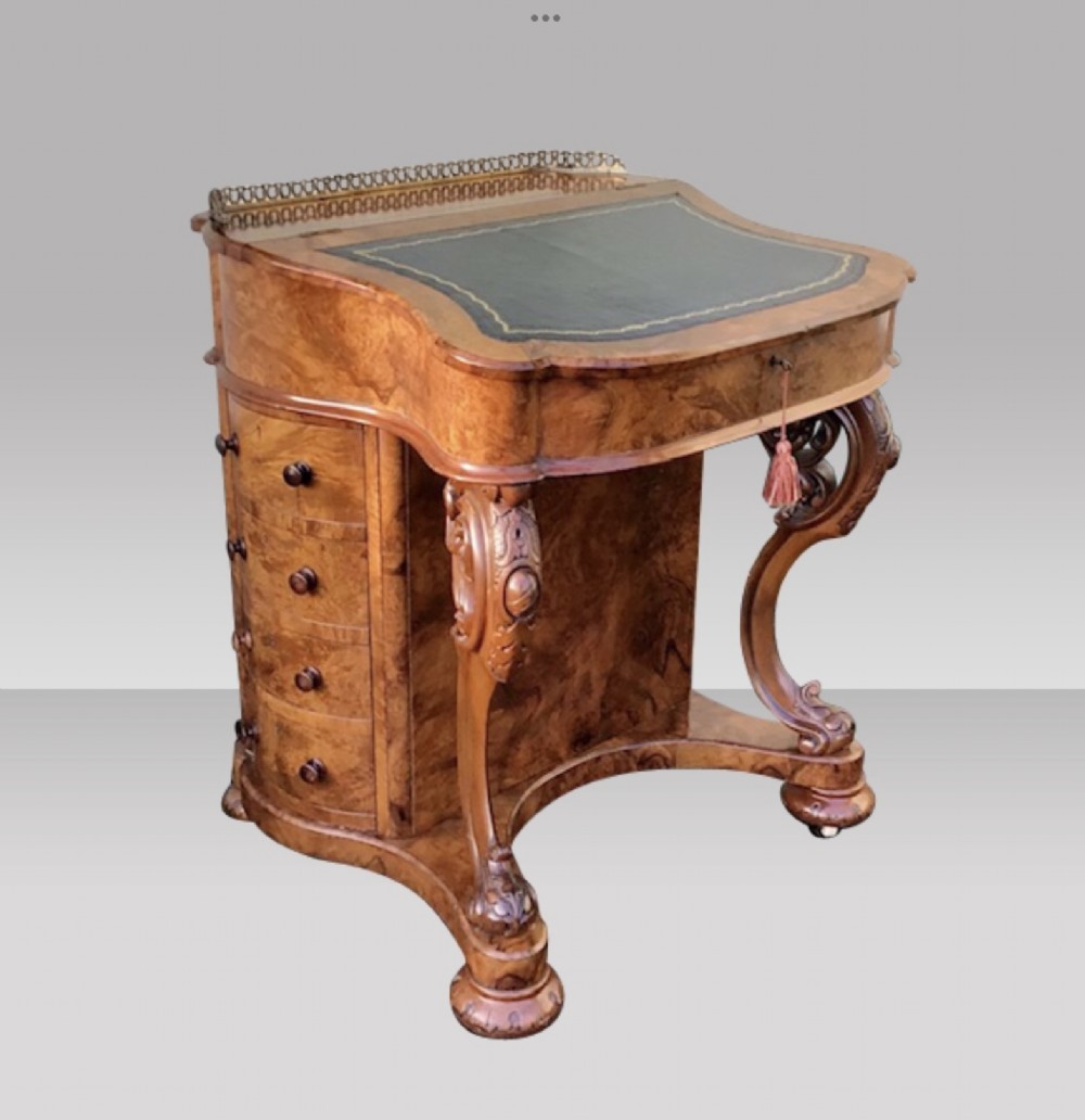 Very Unusual Shaped Victorian Burr Walnut Antique Davenport 
