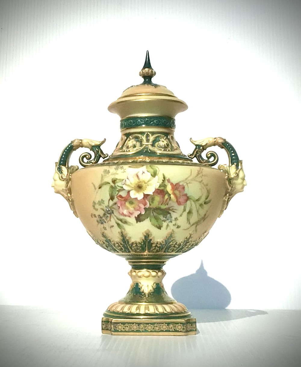 Antique Royal Worcester blush ivory hand painted  covered vase