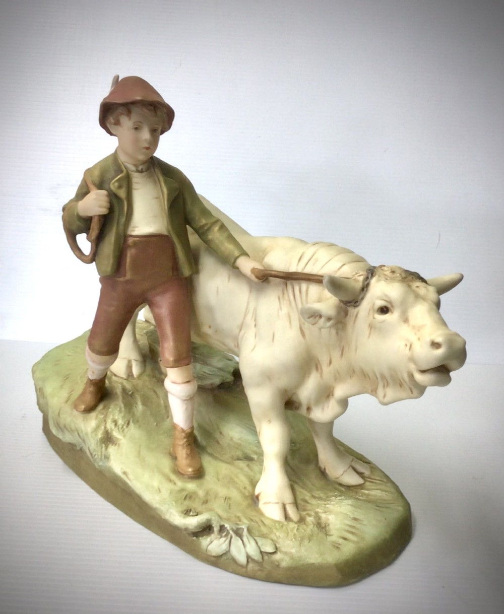 Large Antique Royal Dux Figure Group Of Boy With Bull,