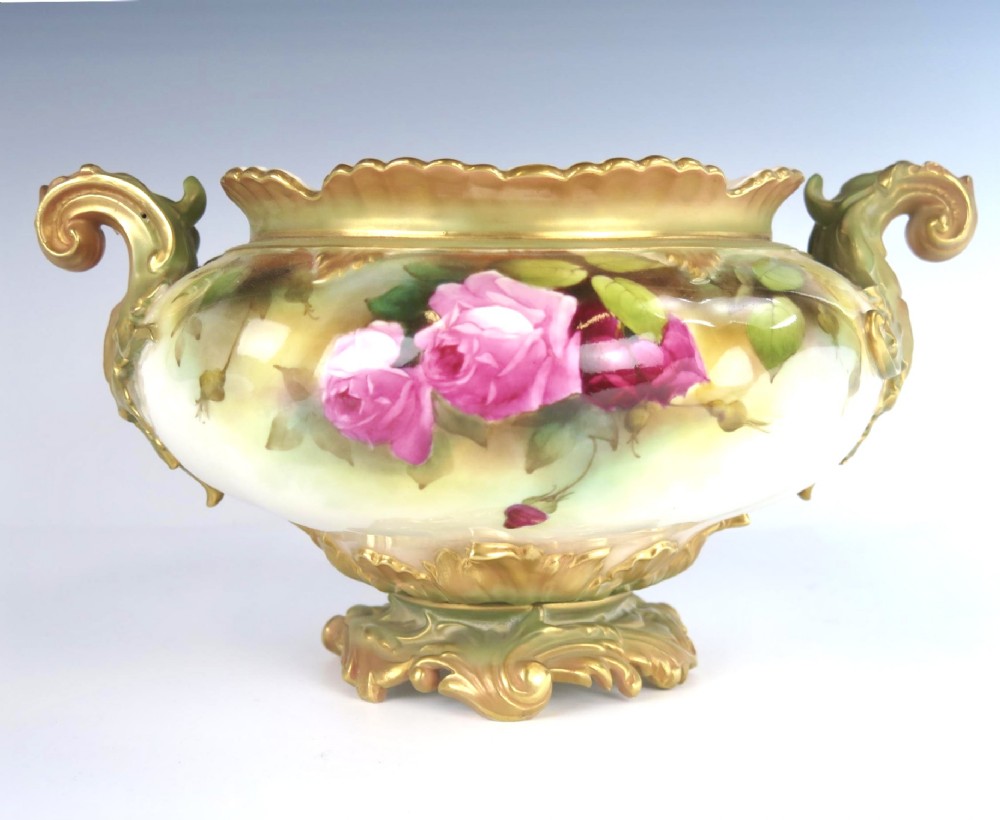 Large Antique Royal Worcester Rose Decorated Scalloped Edge Bowl 