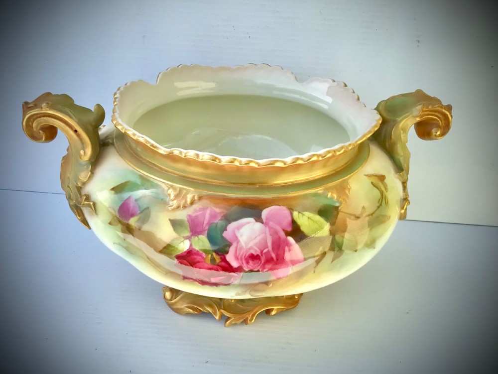 Large Antique Royal Worcester Rose Decorated Scalloped Edge Bowl  View VI
