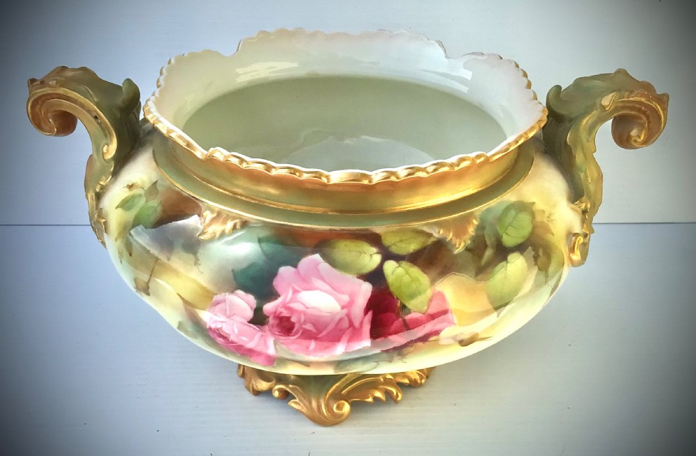 Large Antique Royal Worcester Rose Decorated Scalloped Edge Bowl  View VII
