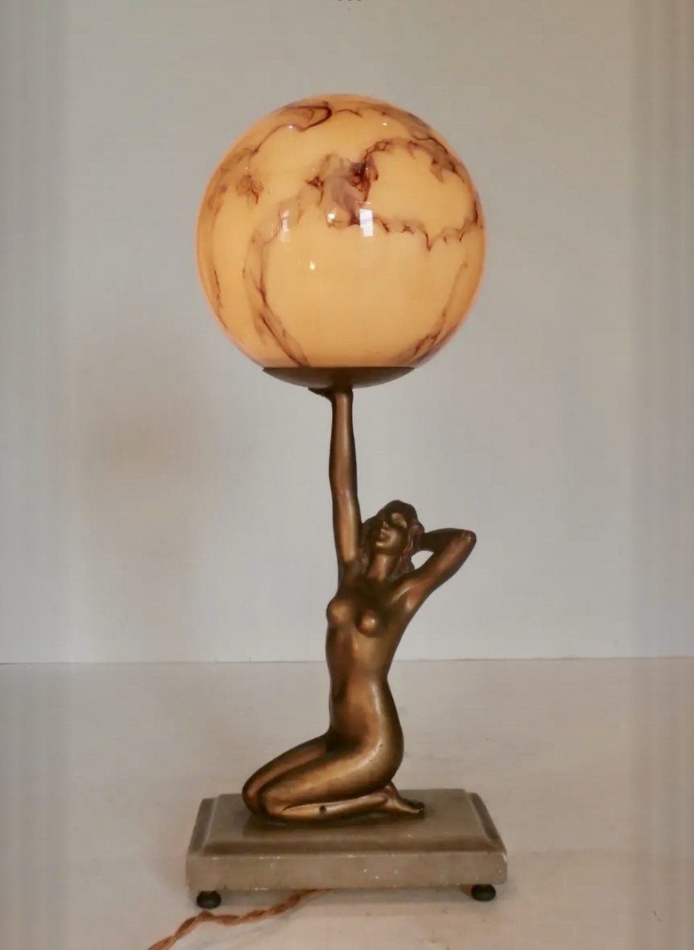 Art Deco Lady Lamp With Marbled Globe