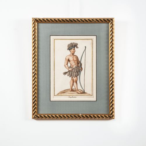 fig 1. A set of ten 18th-century framed watercolour paintings depicting individual figures in historical costume, set within grey mounts and gilt rope-twist frames.
