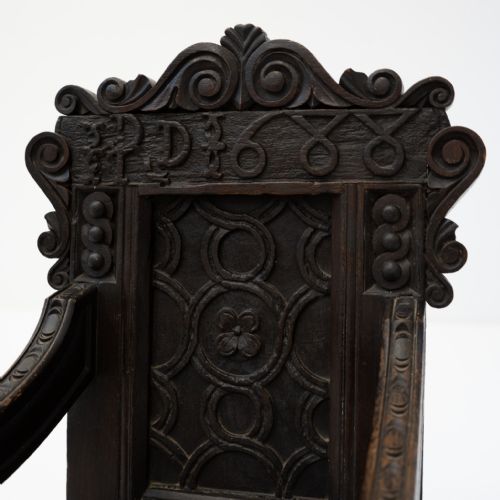 JOINED OAK CARVED CHILDS HIGHCHAIR ON STAND INITIALLED RD AND DATED 1688 - ADDITIONAL PHOTO 9
