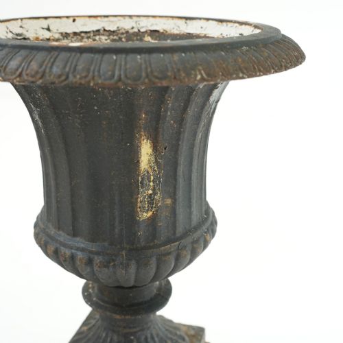 PAIR OF CAST IRON CAMPANA URNS ON PLINTHS - ADDITIONAL PHOTO 2