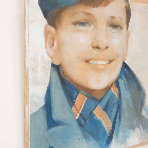 fig 1. An oil portrait depicting a smiling young boy wearing a blue flat cap and matching blue coat over a patterned scarf.